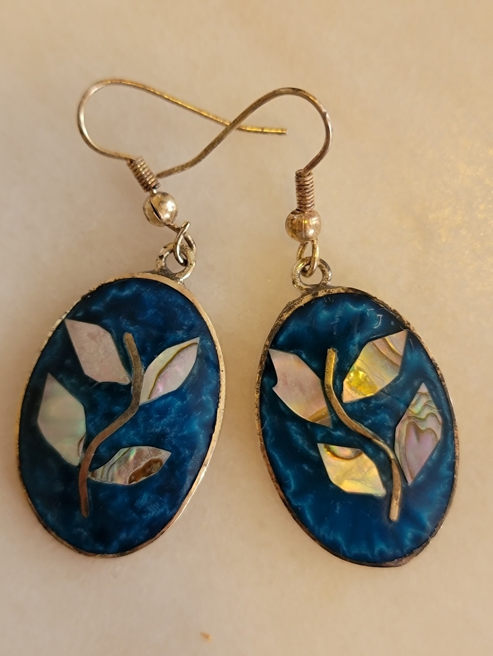 Vintage Mexican Alpaca Silver Abalone Shell Dangle Earrings